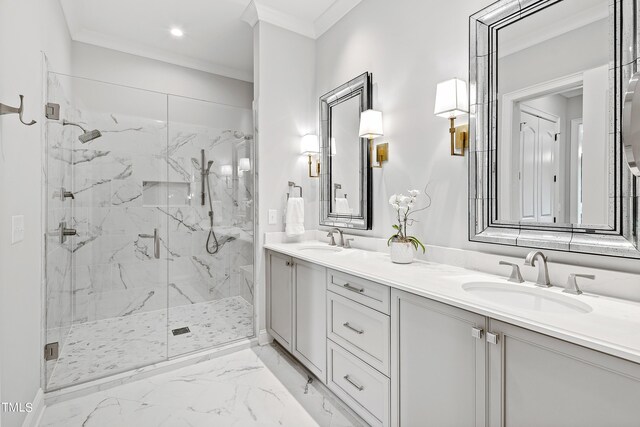 bathroom featuring ornamental molding, vanity, and a shower with shower door