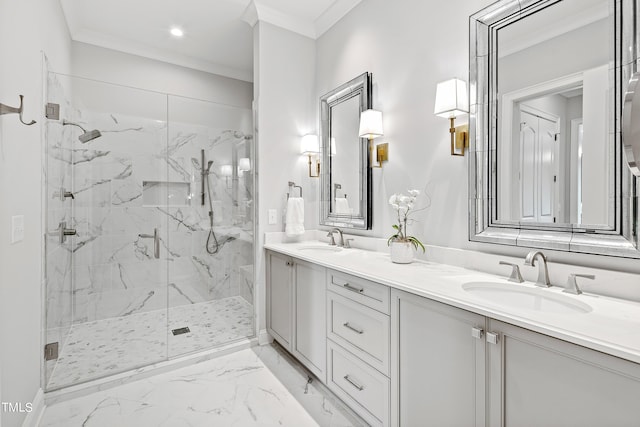 full bath featuring marble finish floor, a sink, and a marble finish shower