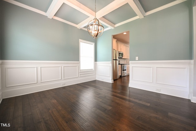 interior space with dark wood-type flooring, crown molding, and coffered ceiling