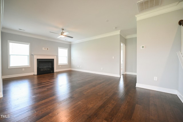 unfurnished living room featuring crown molding, dark hardwood / wood-style flooring, and ceiling fan