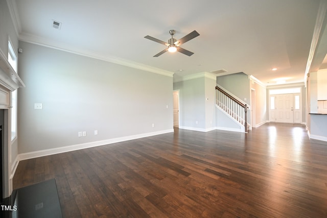 unfurnished living room featuring ceiling fan, hardwood / wood-style flooring, and ornamental molding