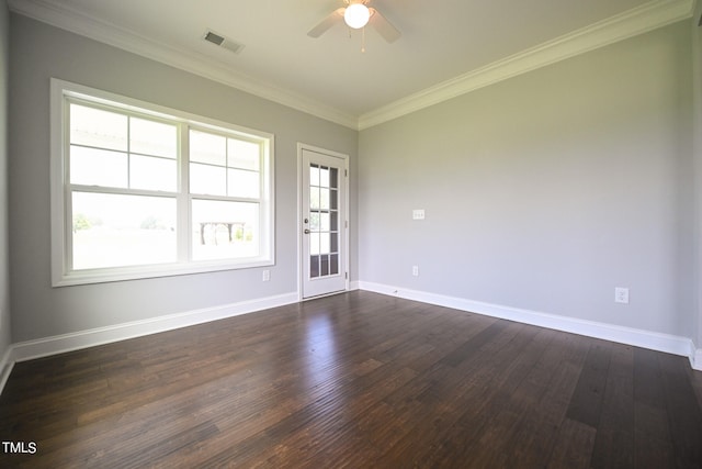 unfurnished room with ceiling fan, hardwood / wood-style flooring, and ornamental molding