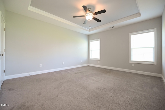 unfurnished room featuring a healthy amount of sunlight, ceiling fan, and a tray ceiling