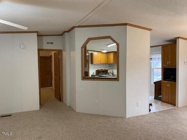 empty room featuring a textured ceiling, crown molding, sink, and light colored carpet