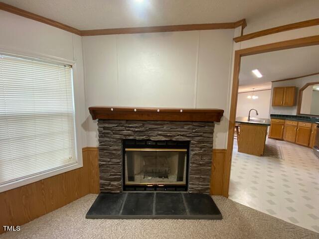 interior space with sink, wooden walls, carpet, a stone fireplace, and ornamental molding