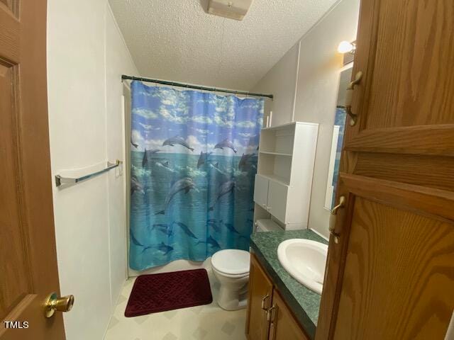 bathroom with a textured ceiling, vanity, and toilet