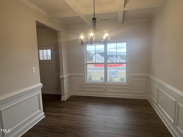 unfurnished dining area with beamed ceiling, coffered ceiling, an inviting chandelier, and dark hardwood / wood-style flooring