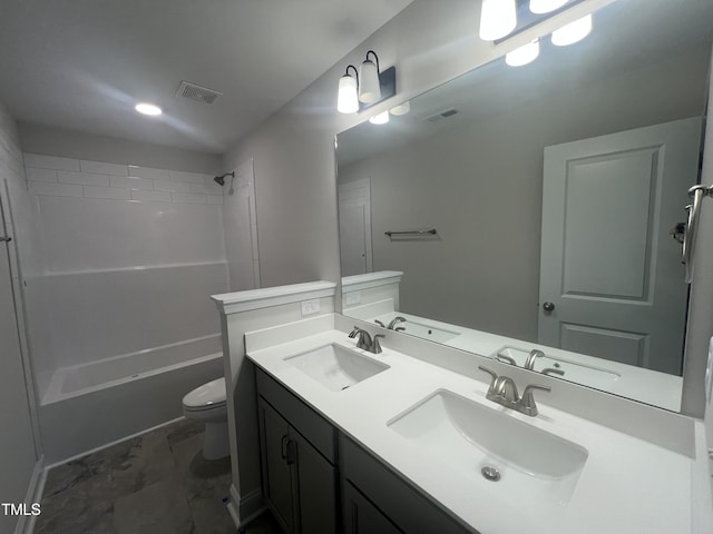 full bathroom with vanity, bathtub / shower combination, and toilet