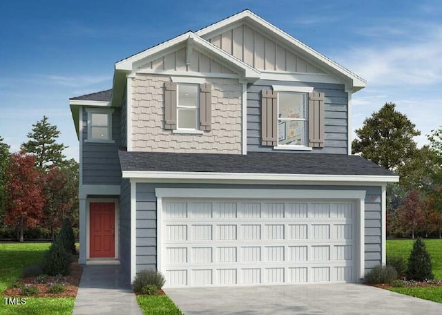 view of front of home featuring a garage, driveway, a shingled roof, and board and batten siding