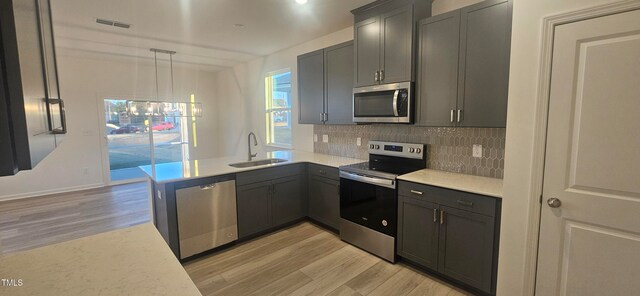 kitchen with appliances with stainless steel finishes, a sink, light countertops, light wood-type flooring, and backsplash