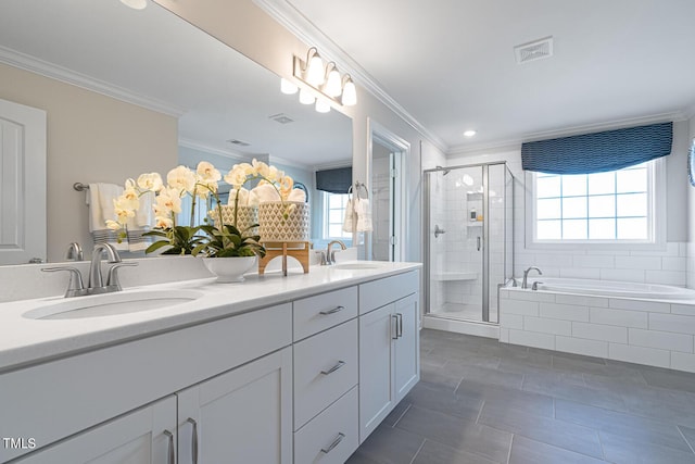 bathroom featuring a shower stall, visible vents, ornamental molding, and a sink