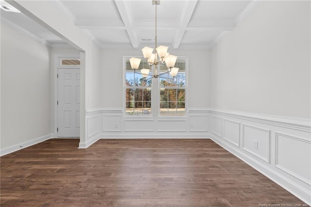 unfurnished dining area featuring beam ceiling, coffered ceiling, dark hardwood / wood-style floors, and a notable chandelier