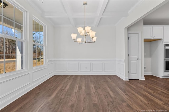 unfurnished dining area featuring coffered ceiling, crown molding, dark hardwood / wood-style floors, beamed ceiling, and a chandelier