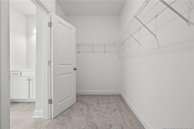 walk in closet with light carpet