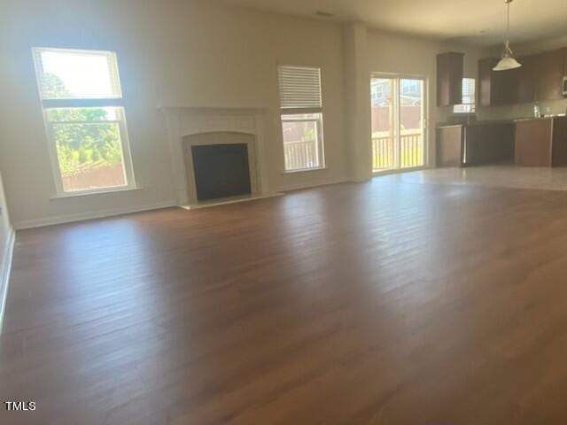 unfurnished living room with wood-type flooring and plenty of natural light