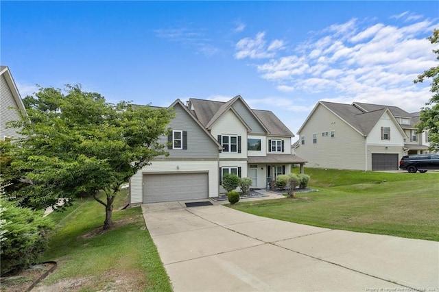 view of front of property featuring a garage and a front lawn