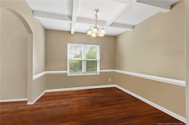 spare room with beam ceiling, coffered ceiling, a chandelier, and dark hardwood / wood-style floors