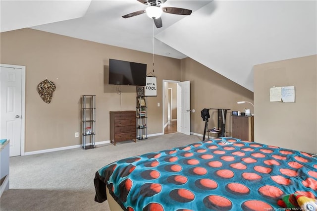 bedroom with lofted ceiling, carpet, baseboards, and a ceiling fan