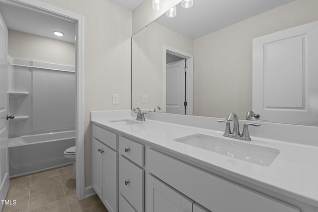 full bathroom featuring tile patterned flooring, shower / bathing tub combination, vanity, and toilet