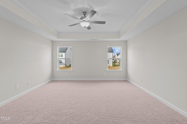 empty room featuring a raised ceiling, light carpet, a healthy amount of sunlight, and ornamental molding