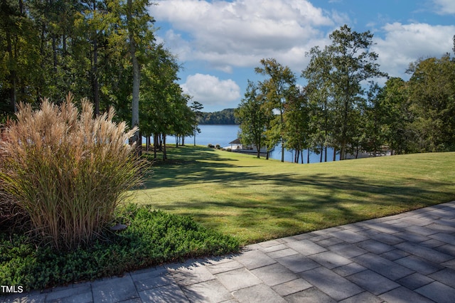 view of community featuring a water view and a yard