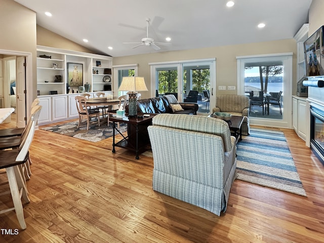 living room featuring light hardwood / wood-style flooring, a healthy amount of sunlight, and vaulted ceiling