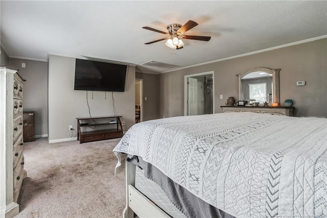 bedroom with a closet, crown molding, ceiling fan, and light colored carpet