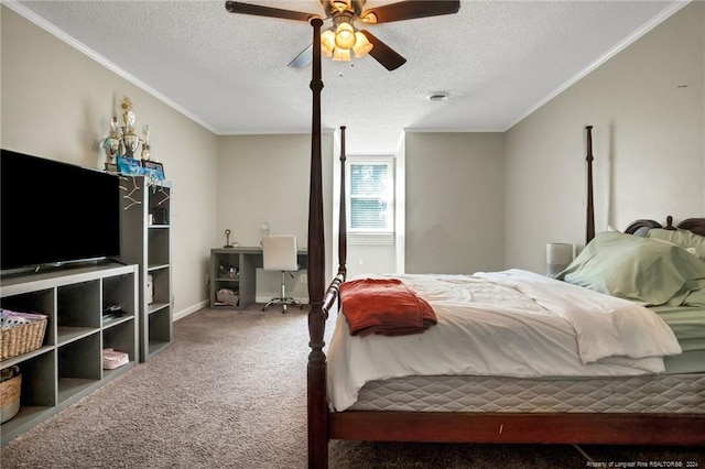 carpeted bedroom featuring ceiling fan, crown molding, and a textured ceiling