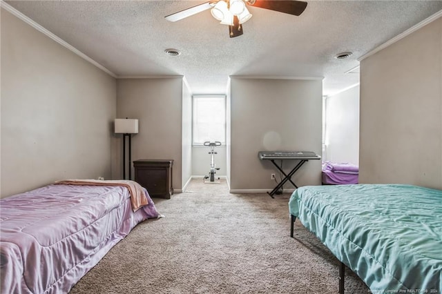 bedroom featuring crown molding, carpet, ceiling fan, and a textured ceiling