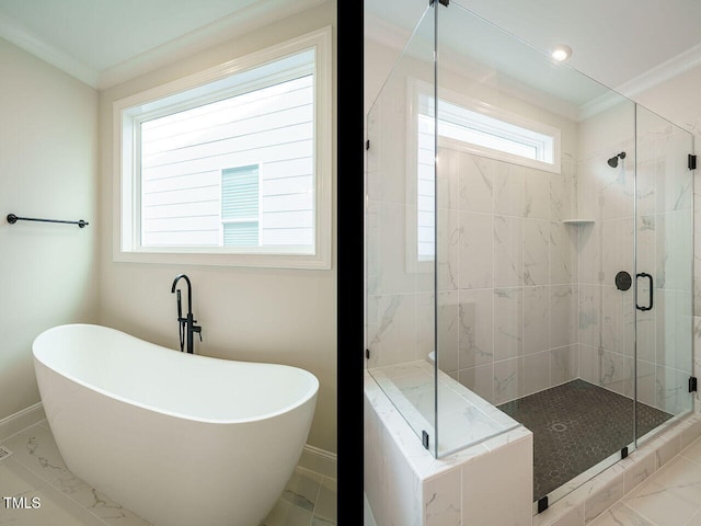 205 Wash Hollow Dr, Wendell, NC 27591 - bathroom featuring ornamental molding and plus walk in shower