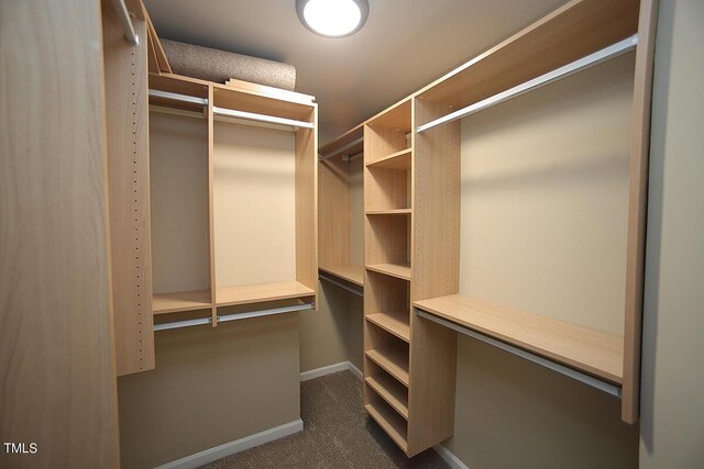 spacious closet featuring dark carpet