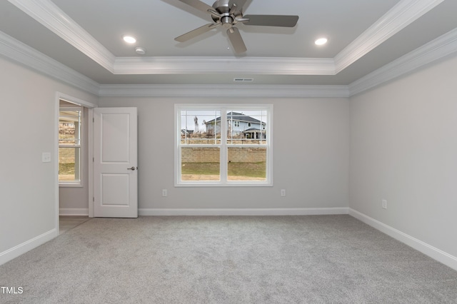 carpeted spare room with plenty of natural light, ceiling fan, a raised ceiling, and crown molding