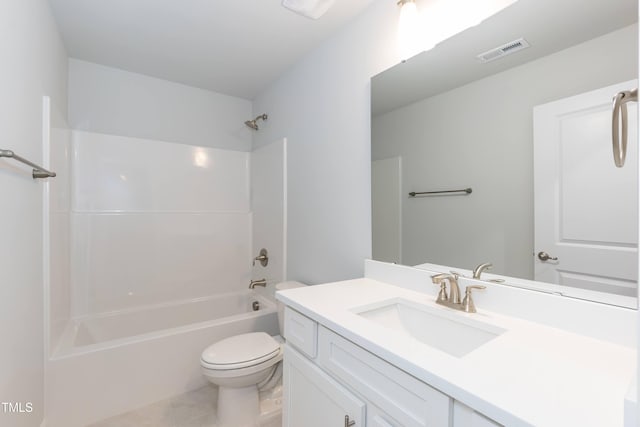 full bathroom with washtub / shower combination, vanity, toilet, and tile patterned flooring