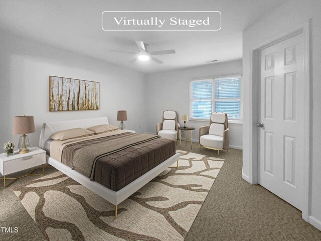 carpeted bedroom with ceiling fan