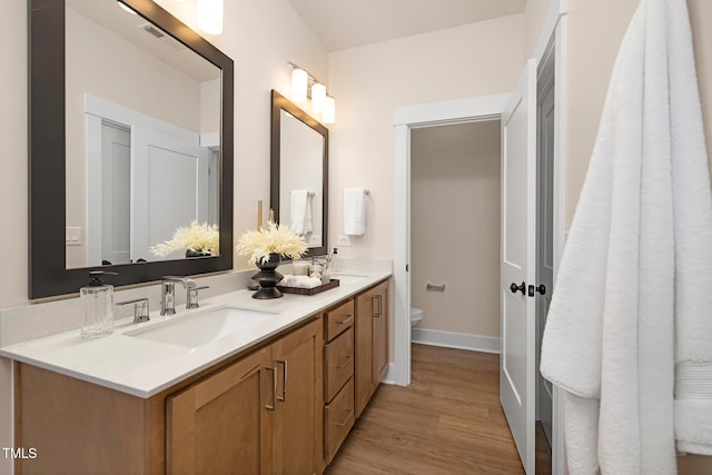 bathroom featuring toilet, vanity, and wood-type flooring