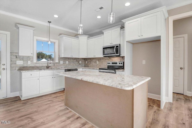 kitchen with visible vents, appliances with stainless steel finishes, white cabinets, and a sink