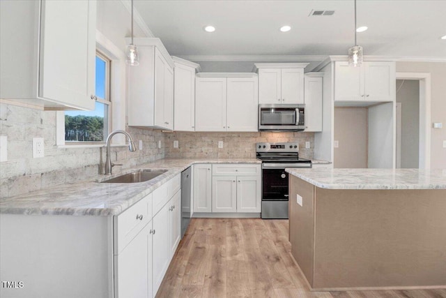 kitchen with white cabinets, visible vents, stainless steel appliances, and a sink