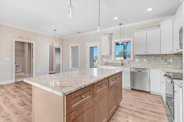 kitchen featuring decorative backsplash, electric stove, light wood-style flooring, stainless steel dishwasher, and a sink