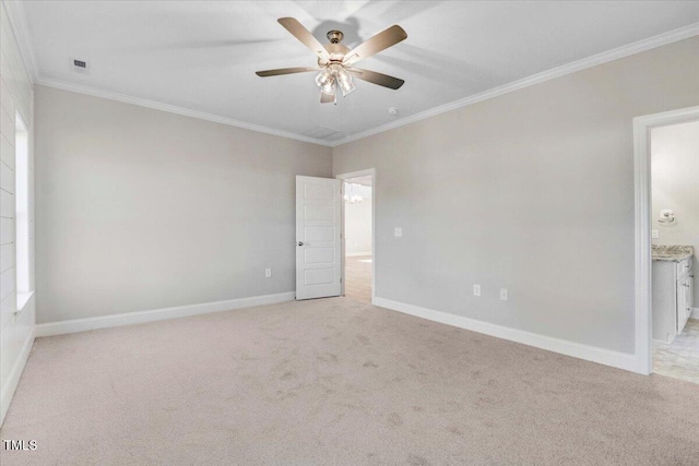 unfurnished room featuring visible vents, ornamental molding, light carpet, ceiling fan, and baseboards