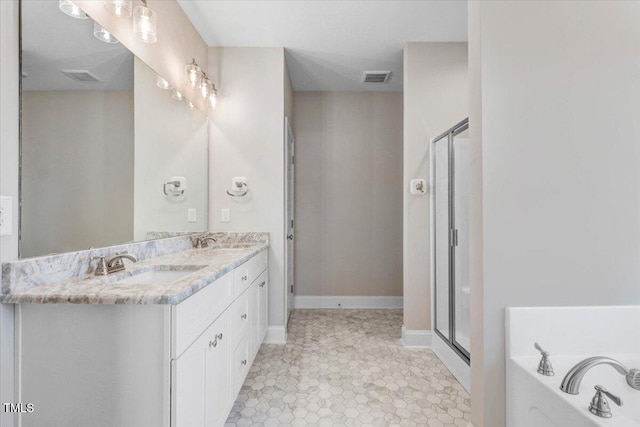 full bathroom with a garden tub, visible vents, a stall shower, vanity, and baseboards