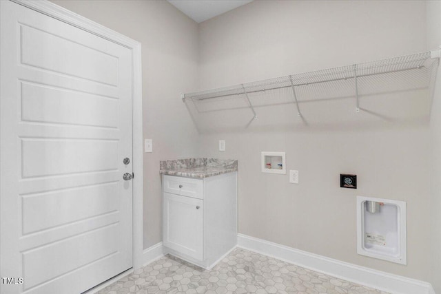 clothes washing area with laundry area, hookup for a washing machine, baseboards, and electric dryer hookup