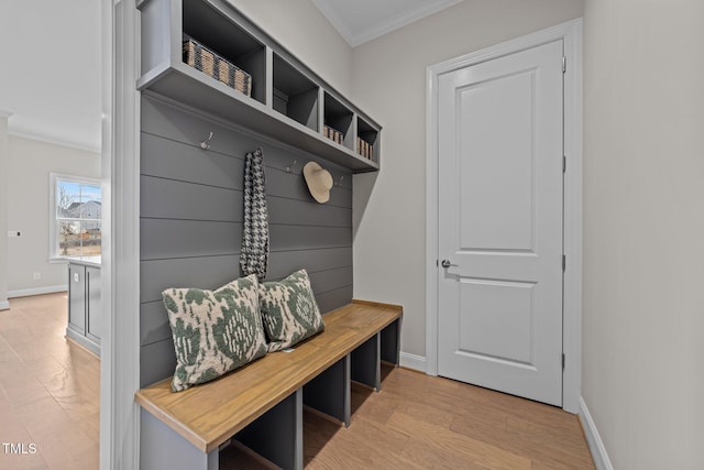 mudroom featuring ornamental molding and light wood-type flooring