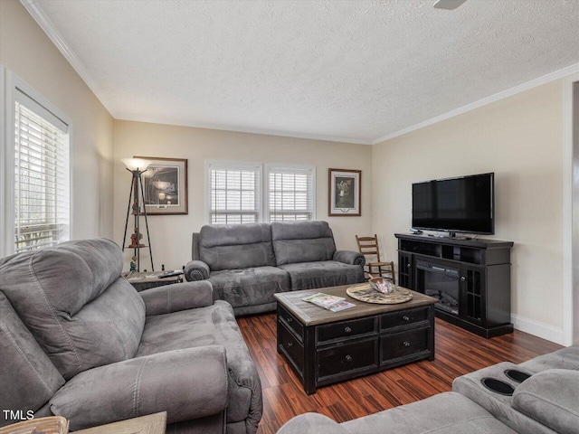 living room with a wealth of natural light, a textured ceiling, and dark hardwood / wood-style flooring