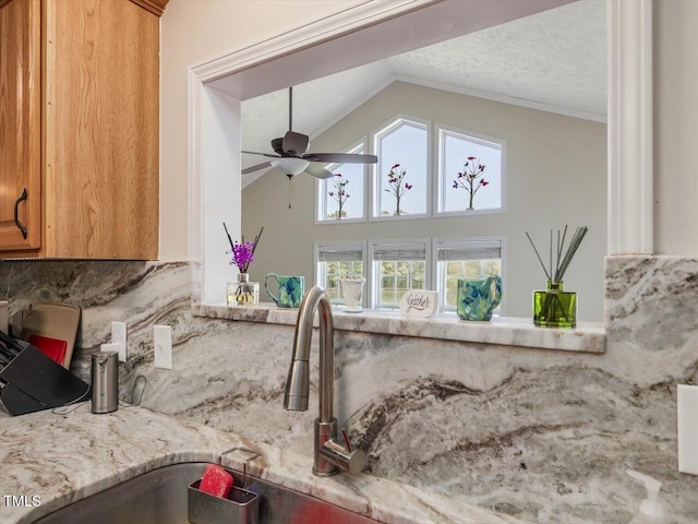 details featuring sink, a textured ceiling, ceiling fan, and decorative backsplash