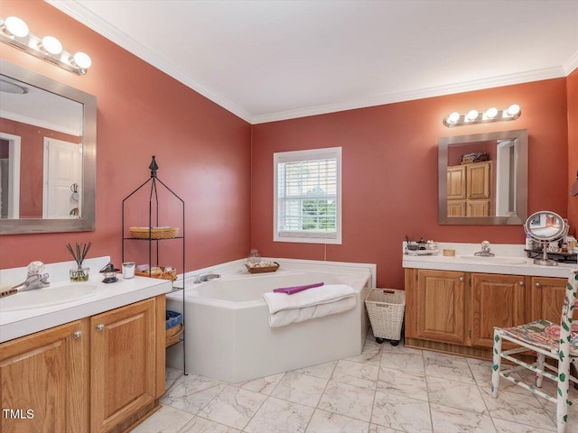 bathroom with vanity, a bath, and crown molding