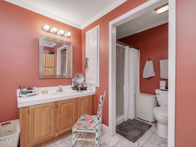 bathroom featuring vanity, ornamental molding, toilet, and walk in shower