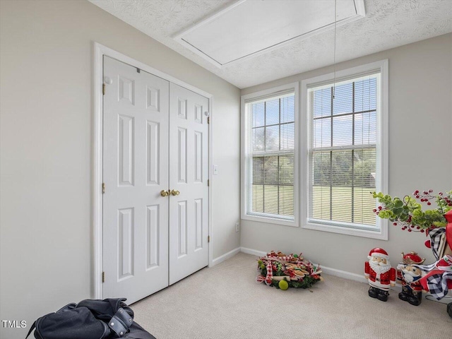 game room featuring a textured ceiling and carpet