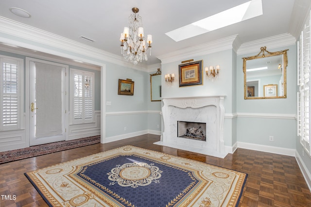 interior space with a skylight, dark parquet flooring, and a wealth of natural light