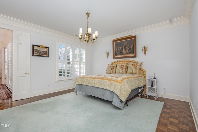 bedroom featuring crown molding, dark parquet flooring, and a notable chandelier