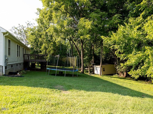 view of yard with a storage shed, a trampoline, and a deck